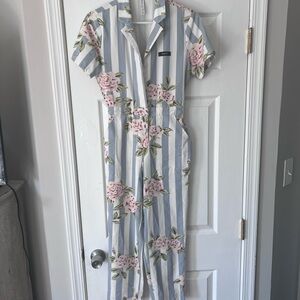 RVCA Nightshift Jumpsuit Blue and White Striped Floral Women’s XS
